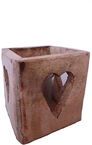 kleines Windlicht Herz Dekor mit Glas-Einsatz, Mangoholz Natur (B/H/T) 9x9x9cm I für Teelicht oder kleine Kerze I Kerzenhalter Kerzenwindlicht Tischdekoration