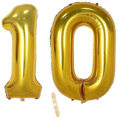 2 Numero di Palloncini 10, Numeri 10 Anni Compleanno Decorazioni Oro Maschio Bambino Bimbo Bambina Ragazzo,XXXL 100cm Gigante Foil Elio Palloncino Gonfiabile Balloons Happy Birthday Matrimonio Festa
