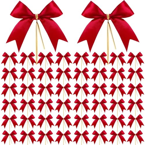 PHIEZC 50 Stück Weihnachtsbogen,Schwalbenschwanz Bowknot,Red Ribbon Bow,Weihnachten Band Schleife,für Geschenkbox Weihnachtsbaum Weihnachten Party Dekoration,Rot