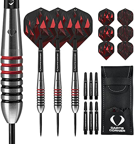 Darts Corner Astrofire | Dart-Set mit Korpus aus 90% Wolfram und Spitze aus hochwertigem Stahl, bestehend aus 6 Flights, 6 Schäften, Zahlungskarte und Aufbewahrungsetui, Ringe und