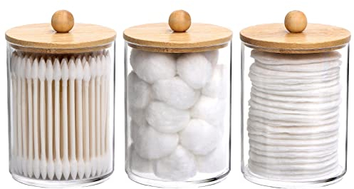 Tbestmax 10 Oz Cotton Swab/Ball/Pad Holder, Qtip Apothecary Jar, Clear Bathroom Containers Dispenser for Storage 3 Pack Wood Lids