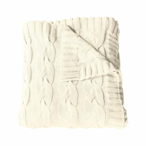 Loberon Plaid Arnhem, beige | Dekoratives Jacquard-Zopfmuster, Angenehm Weiche Haptik, Dezenter Naturton, Strickdecke, Tagesdecke, Überwurf, Baumwolle