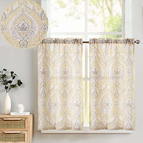 TOPICK Cortina de Cocina con Flores de Lino Vintage con Bolsillo para Varilla Translúcido Aptas para Cocina Salón Lavadero y Pequeñas Ventanas Amarillo Juego de 2 Unidades 65 x 115 cm