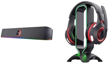Trust Gaming GXT 619 Thorne - Stereo Soundbar mit RGB Beleuchtung & GXT 265 Cintar - Headset Ständer (Schwarz mit Mehrfarbigem Licht)