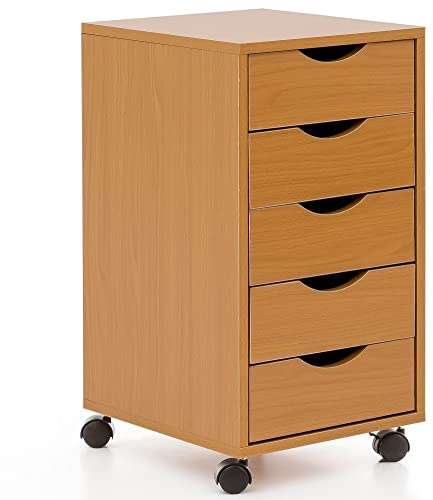 möbelando Rollcontainer WL5.924 33x64x38cm Buche MDF-Holz | Schreibtisch-Container Rollschrank 5 Schubladen | Moderner Schubladencontainer mit Rollen | Standcontainer Bürocontainer Beistellcontainer
