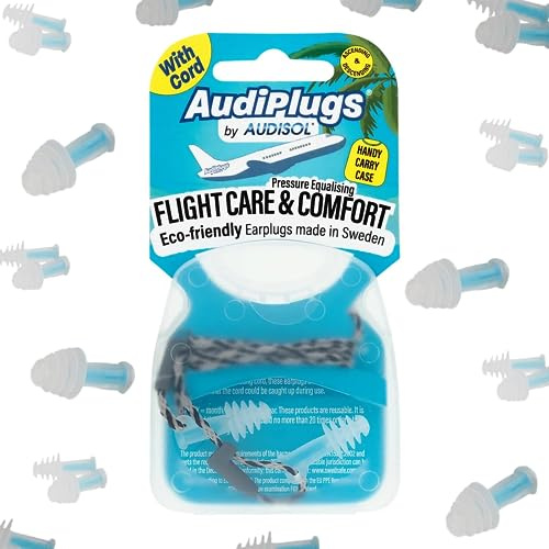 AudiPlugs Corded Flight Earplugs - Air Pressure Regulating Ear Plugs for Travel - Reusable and Comfortable - Helps Inflight Ear Discomfort - with Cord to Prevent Loss in-Flight