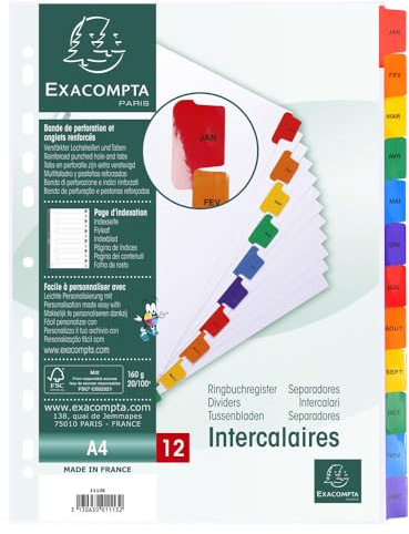 Exacompta - Ref. 1113E - Karton mit 20 Registern auf weißem Karton 160g/m² FSC® mit 12 Registerkarten bedruckt monatlich von Januar bis Dezember in Farbe - bedruckbare Indexseite - für DIN A4