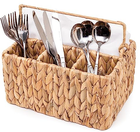 KOLWOVEN Wicker Utensil Caddy Carrier, Wicker Flatware Organizer, Hand Woven Water Hyacinth Cutlery Holder for Countertop with Handle