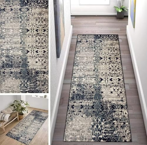 ZUZEKU Boho Läufer Flur Küche Waschbar rutschfest 100X200cm Marokko Grau Vintage Lang Küchenteppich Flurteppich Teppich Fur Korridor Wohnzimmer Schlafzimmer Meterware Anpassbar