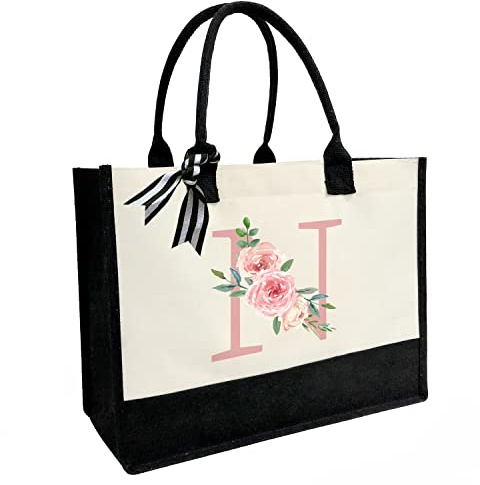 Personalisierte Initial Leinwand Strandtasche, Leinwand Tragetasche mit Innentasche mit Reißverschluss, doppelte Schultergurte monogrammierte Jute-Tasche für tägliche Arbeit und Reisen, Einheitsgröße