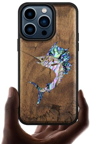 Carveit Bois Etui pour iPhone 15 Pro Magnétique Coque, Incrustation de Coquille Protection de Téléphone Antichoc Compatible avec Apple 15 Pro Étui Magsafe (Noyer-Marlin en Plein essor)