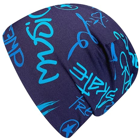 Wollhuhn Jungen/Mädchen Shorties Beanie/Beanie-Mütze/Kinder-Mütze Bequem Viele Motive Jersey Zweilagig Gefüttert Übergangszeiten (Öko-Stoffe/Bio) 2024202401 (Cool Music Blau, M)