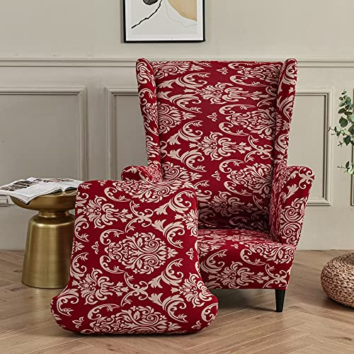 Hixingo 2-Teilig Ohrensessel Überzug, Blumenmuster Sesselbezüge, Abnehmbar Polyester Ohrensessel Bezug, für Wohnzimmer Schlafzimmer Hotel Sesselschoner (roter Barock)