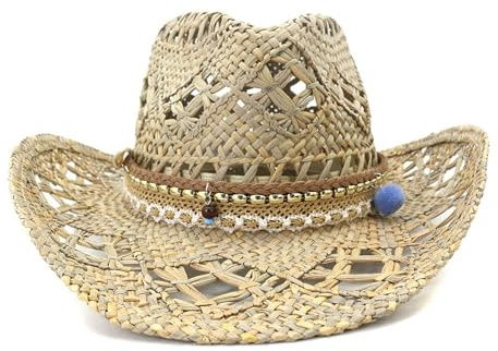 Sombrero de Cowboy de Paja para Mujer Hombre, Western Cowgirl Hat Panamá con Banda Occidental Gorros de Vaquero Oeste Sombrero de Playa de Verano al Estilo Country