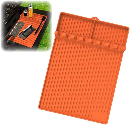 WAURCSY Silikon-Grillwerkzeug-Matte für Grillmatte, Spatelmatte mit Abtropfmatte, Seitenablagematte für Lebensmittelqualität, Grill-Caddy-Utensilienhalter für mehrere Grillwerkzeuge, Orange
