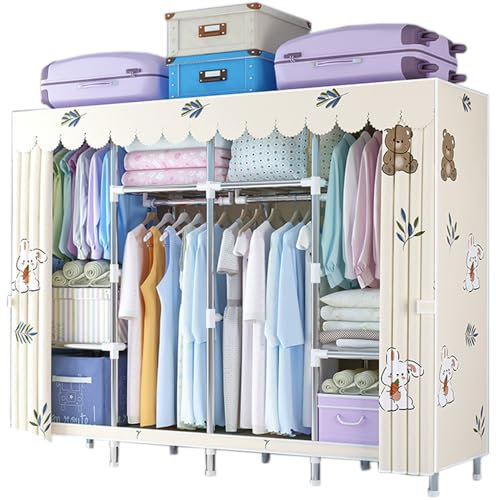 HUHJYUGE Kleiderschrank, Stoffschrank mit Kleiderstange Stabil, Stoffkleiderschrank mit Motiv, Offener Kleiderschrank mit Reißverschluss, Großes Stauraum für Ankleidezimmer (A 165cm/65in)