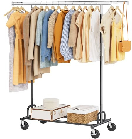 Tajsoon Kleiderständer auf Rollen, höhenverstellbarer Edelstahl-Kleiderständer bis 159 kg, ausziehbare Stange, zusammenklappbar mit Bodenablage für Gewerbe & Garderobe, Schwarz