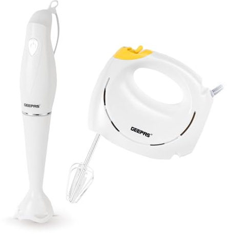 GEEPAS Hand Mixer & Hand Blender Set | Handheld Food Collection Cake Mixer | Electric Whisk Mixer with 7 Speed Turbo & Eject Button Beater & Dough Hook