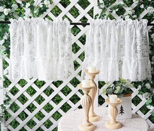 Dsnyu Scheibengardinen Weiß Spitze, Bistrogardinen 2er Set Modern | Blumen Häkeloptik Fenster Gardinen Kurz, Vorhang Küche Modern Polyester Landhausstil für Cafe Schrank, 2 Stück HxB 45x90cm