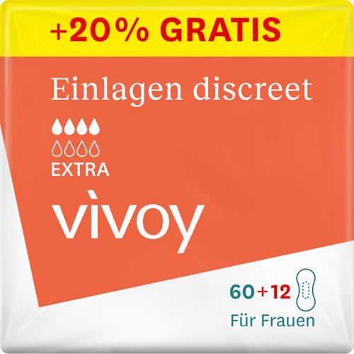 Vivoy Discreet Extra – 72 inserti in confezione mensile (6 x 12 pezzi) – per debolezza media della vescica e incontinenza – Solette igieniche per donne confezionate singolarmente