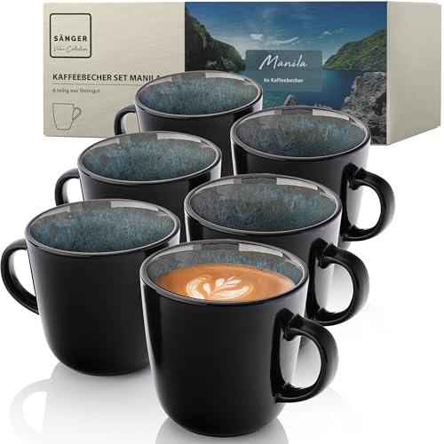 Sänger Manila Kaffeebecher 6 Personen, Steingut Kaffeetassen Set | 6er Tassen Set Teetasse Set spülmaschinenfest mikrowellenfest, Coffee Mug blau mit schwarzem Rand 400 ml