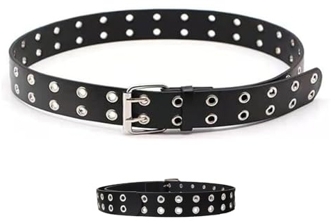 ChAusa Schwarz Nietengürtel Punk Gürtel, Nietengürtel Damen und Herren Doppelloch Damen Schwarz Ledergürtel Hip Hop Rock Gürtel für Oder Gothic Outfits (110cm)