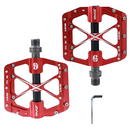 Pedali per bici da corsa/mountain bike, 3 cuscinetti, tacchetti antiscivolo 9/16, in lega di alluminio CNC, pedali piatti lavorati con chiodi antiscivolo rimovibili (rosso)