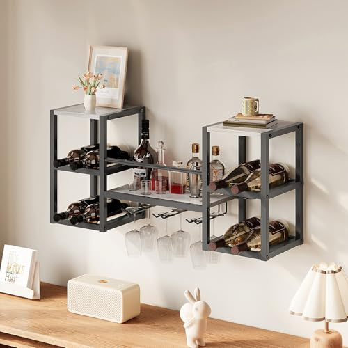 VEDECASA Weinregal Wand, 3 Ebenen Wand-Weinregale mit 6 Glashaltern, Wandmontage Wine Display-Ständer, Multifunktionales Wands Flaschenregal Bar Regal für Küche, Bar, Restaurants, Esszimmer,Wohnzimmer