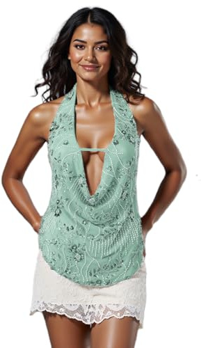 Women Sexy Sequins Halter Backless Cropped Tops Sleeveless Deep V Neckline Sparkly Glitter Vest Tank Tops Women Y2k Beaded Camisoles Streetwear (Green, M)