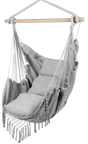 MalTec Fauteuil suspendu avec coussin, chaise de jardin, balançoire, hamac pour salon, terrasse, jardin, gris clair, charge maximale : 120 kg, hamac brésilien extérieur et intérieur