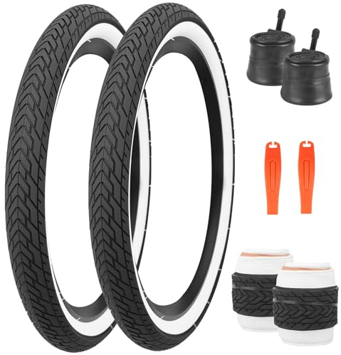ZUKKA 20 x 2.35 Bike Tire 1/2 Pack 20 inch x 2.35 BMX Bike Tire Folding Replacement Tire for MTB Mountain Bike, BMX Bicycle Commuter Bike (White Wall, 2 Tires+2 Tubes+2 Levers)