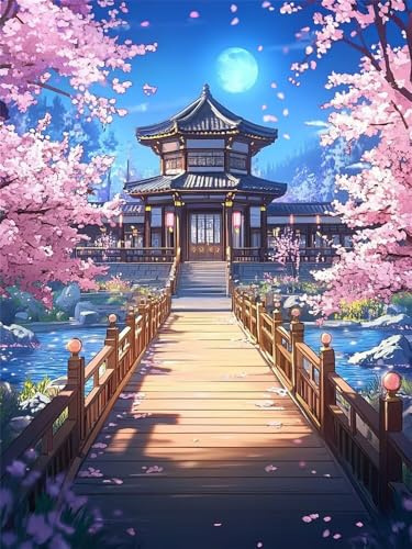 Diamond Painting Puente de Madera Torre 60x90 cm, 5D Flor de Cerezo Pintura Diamante Adultos, DIY Diamond Painting Kit Completo, Cuadros de Diamantes para Decoración de Pared del Hogar -RD1063