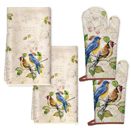 Arquiel Vintage Bird Kitchen Towels and Oven Mitts Set 4Pcs, Soft Absorbent Dish Cloth Heat Resistant Oven Gloves for Cooking Baking Kitchen Decoration, Gifts for Her