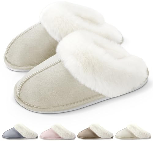 RUVVDR Pantofole Donna Uomo Ciabatte Donna Uomo Invernali Comode Pelose Ciabatte Casa di Cotone Morbido Antiscivolo Slippers Interno & Esterno，Beige，40-41 EU