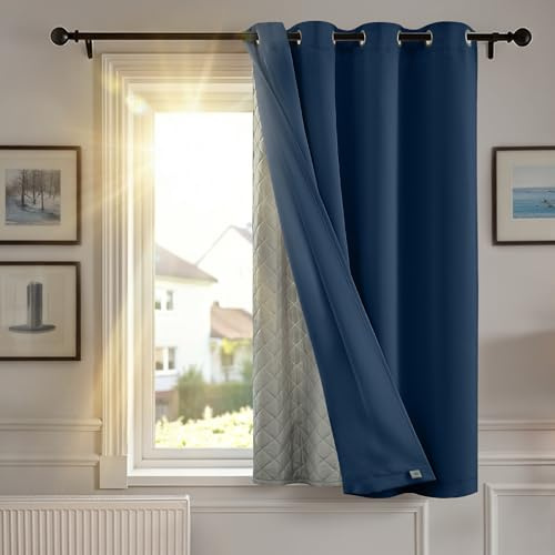 TOPICK Blackout Thermal Curtains with Detachable Lining Navy Blue W52 xL63 | 1 Panel, Windproof, Soundproof Eyelet Curtains, 2 Layer Thick Insulated Microfiber Layer for Bedroom, Living Room, Door
