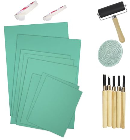 18 PCS Lino Printing Kit, Including A4 A5 A6 Lino Sheets 5 Lino Cutting Tools Roller Lino Printing Tools Kit with Positioning Masking Paper for Engraving Printmaking DIY Stamp Art Craft