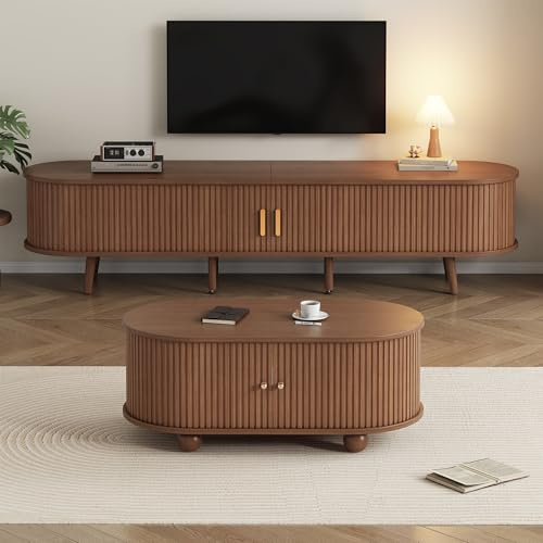 ModernLuxe TV Stand Cabinet and Coffee Table Set, Stylish Oval Design with Rounded Corners, TV Unit with 2 Drawers and 2 Sliding Doors for 70 Inch TV, Coffee Table with 2 Sliding Doors, Dark Walnut