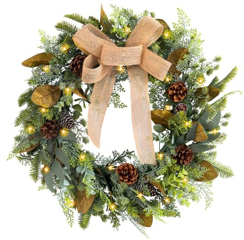 Corona navideña con Luces LED, Corona navideña Colgante de 18 Pulgadas, Colgante, con Arco, piñón y Hojas para Decoraciones navideñas