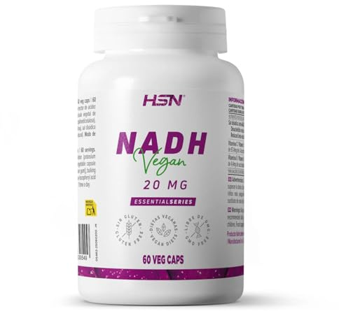 HSN NADH 20mg | 120 Cápsulas Vegetales de Liberación Retardada | Dosis Estable | Protección frente a los ácidos del estómago | Con vitaminas C y E antioxidantes | No-GMO, Vegano, Sin Gluten