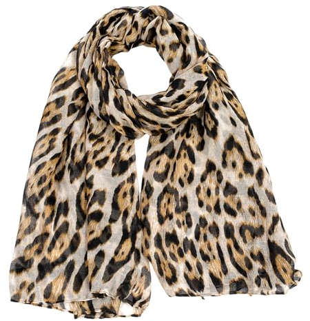 Leopard Print Scarf for Women, Lightweight Chiffon Silk Feel Rectangular Scarf, Soft Touch Fashion Accessory (Khaki)