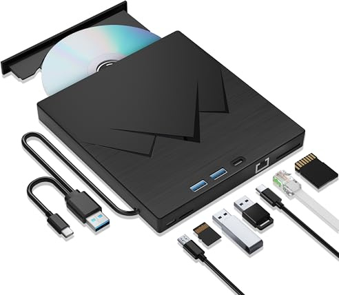 7 in 1 External CD/DVD Drive For Laptop With LAN PORT, Portable DVD Player For Laptop With Ethernet Adapter SD/TF Port , External DVD Drive With USB 3.0/Type C, CD Drive USB For PC Windows Linux