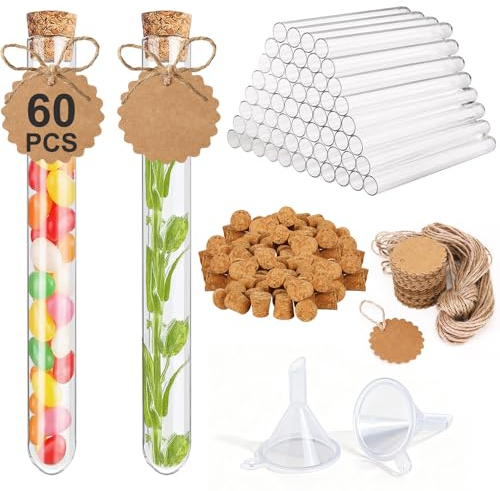 Forhandy 60 Stück Reagenzglas mit Korken, 15x150mm Kunststoff Reagenzgläser - 60pcs Kraftpapieranhänger+60pcs Hanfseil+2pcs Trichter DIY Gastgeschenke für Candy Spices Blumen zum Hochzeit Geburtstag