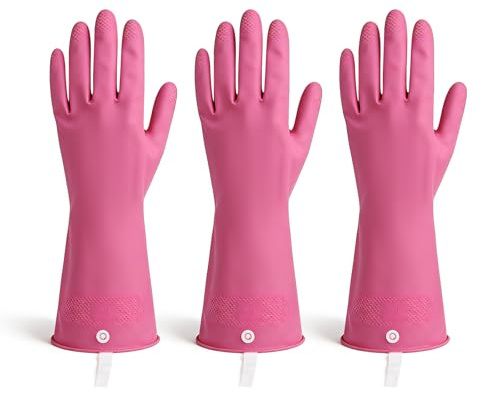 LikGuest Household Gloves - 3 Pairs, With Non-slip Grip, Water Resistant Reusable Dish Washing Latex Gloves for Kitchen & Bathroom Cleaning, Rose-Pink, Medium