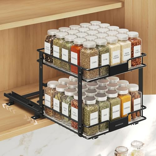 SONGMICS Gewürzregal Ausziehbar, 2 Etagen Schrankauszug aus Stahl | Verstellbarer Gewürzständer mit Schwerlastauszug, 27 x 25,2 x 23,8 cm, Schwarz, PATALLA Kollektion KCS119B101