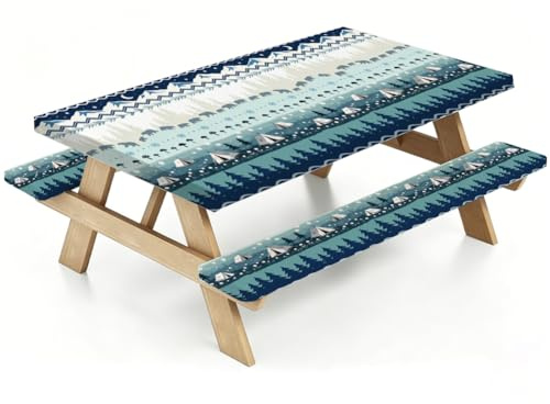 PRESSINART Housse de Table de Pique Nique Bohème avec Housses de Banc 72 x 30 Pouce Nappe de Camping Ajustée Style Bohème Verte et Bleue Imperméable en Rectangle Élastique avec Sac à Cordon de