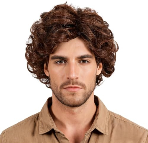 Topcosplay Hellbraun Perücke Kurz, Lockige Perücke Herren, Natürlich Perrücke Layered für Halloween Cosplay Karneval täglichen Tragen