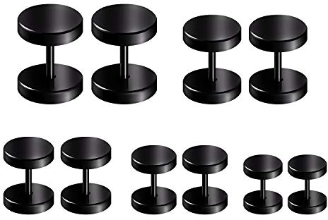 LAURITAMI 5 Pairs 16G Edelstahl Ohrstecker Stud Set Creolen Tunnel Ohrringe Fake Ears Plugs Schwarz Silber Schraube Helix Tragus Piercing 4-12mm