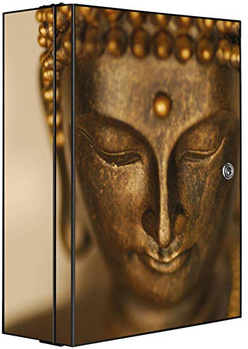 banjado Medizinschrank abschliessbar mit Motiv Buddha Gold 35x46x15cm - großer Arzneischrank für die Hausapotheke - Medikamentenschrank aus Metall zur Medikamenten Aufbewahrung