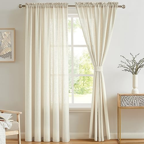 Melodieux Vorhänge Beige Transparent Leinen Optik Voile Gardinen für Wohnzimmer Schlafzimmer, 2er Set 225x140cm
