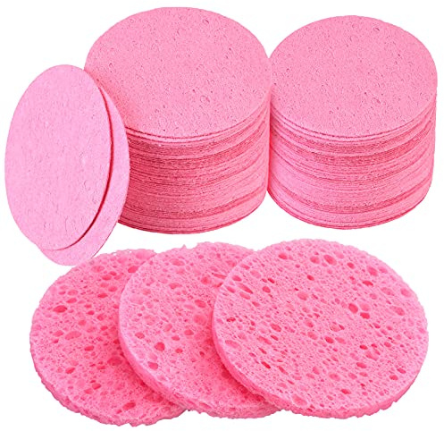 60 Count Facial Sponges Compressed Face Sponge Natural Cleaning Sponge for Facial Cleansing, Exfoliating Mask, Makeup Removal (2.2 Inch, Pink)